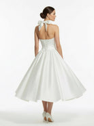 KissDress-White A-Line Halter Sleeveless Tea Length Satin Bridal Gowns With Bow(s) Pleats