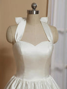 KissDress-White A-Line Halter Sleeveless Tea Length Satin Bridal Gowns With Bow(s) Pleats