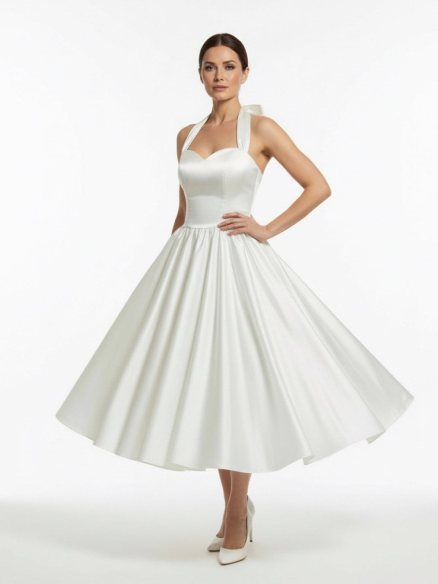 KissDress-White A-Line Halter Sleeveless Tea Length Satin Bridal Gowns With Bow(s) Pleats