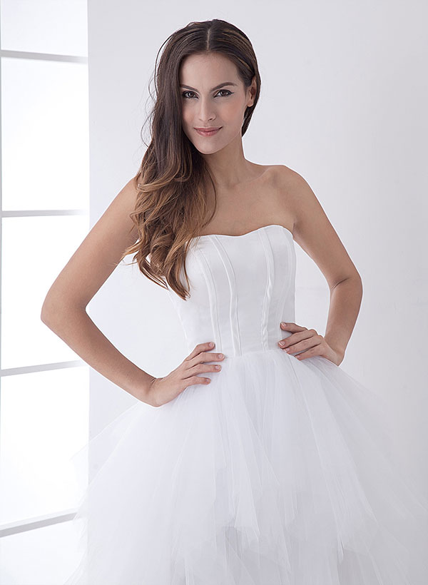 White Classic Strapless Satin High Low Wedding Dress