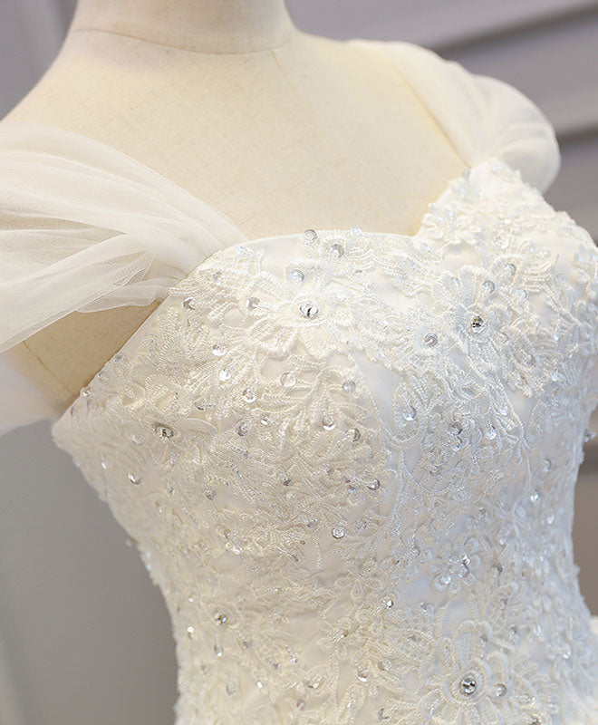 White Lace Tulle High Low Long Wedding Dress