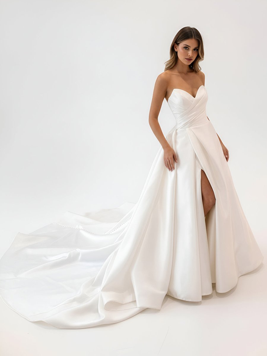 KissDress-Milana  White Satin Long A-Line Wedding Dress with Slit