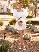 White Satin Short Wedding Dress with Puff Sleeves - KissProm