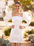 White Satin Short Wedding Dress with Puff Sleeves - KissProm