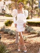 White Satin Short Wedding Dress with Puff Sleeves - KissProm