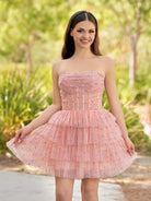Willow | A - Line Strapless Scoop Tiered Sleeveless Short Homecoming Dress - KissProm