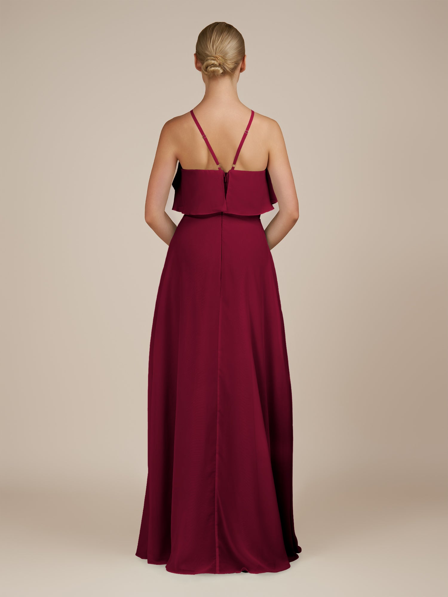 KissDress-Wynne Berry A Line Chiffon Halter Neck Ruffled Overlay Long Bridesmaid Dress