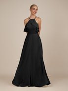 KissDress-Wynne Black A Line Chiffon Halter Neck Ruffled Overlay Long Bridesmaid Dress