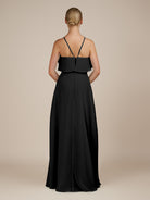 KissDress-Wynne Black A Line Chiffon Halter Neck Ruffled Overlay Long Bridesmaid Dress