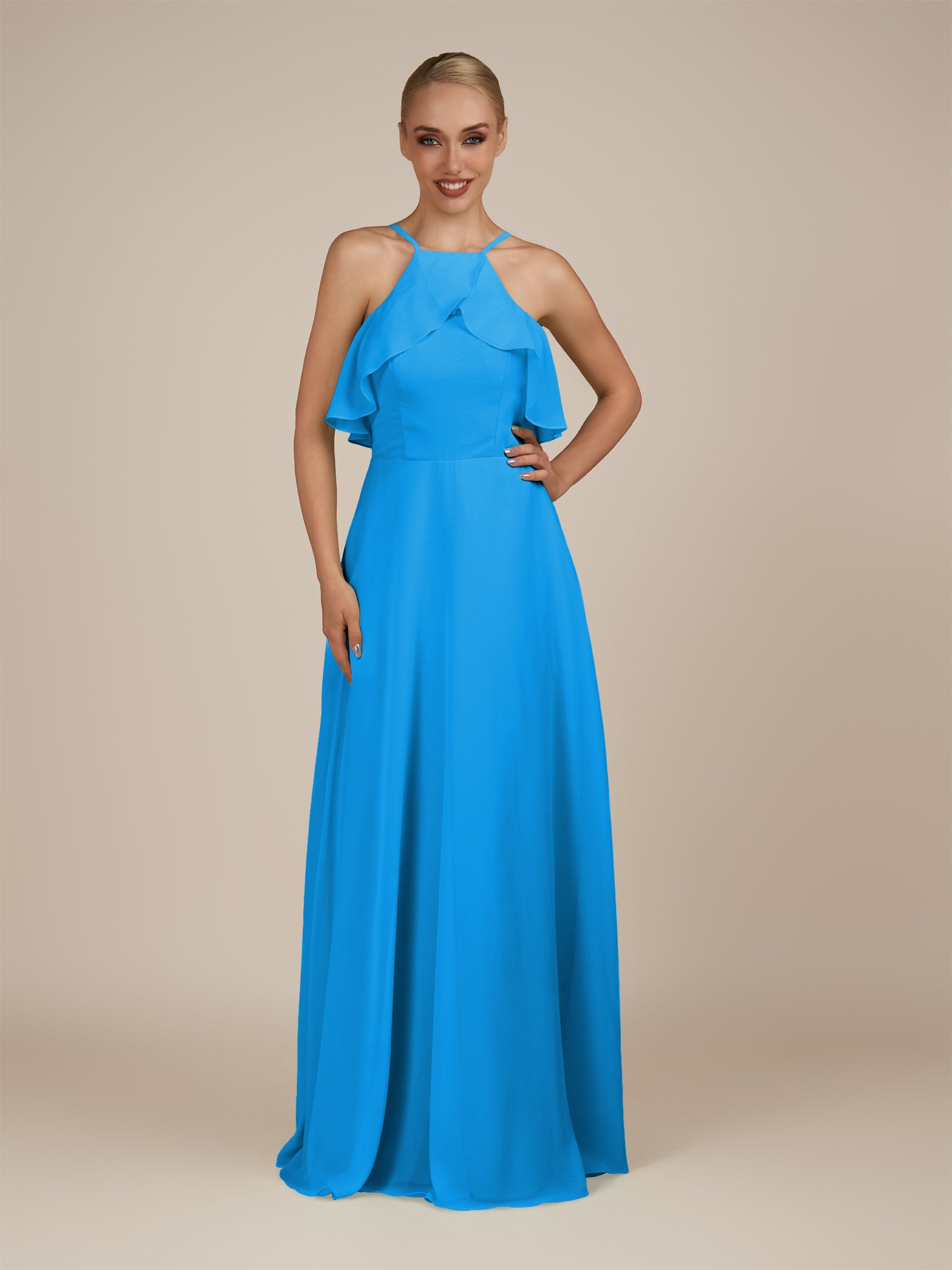 KissDress-Wynne Blue Jay A Line Chiffon Halter Neck Ruffled Overlay Long Bridesmaid Dress