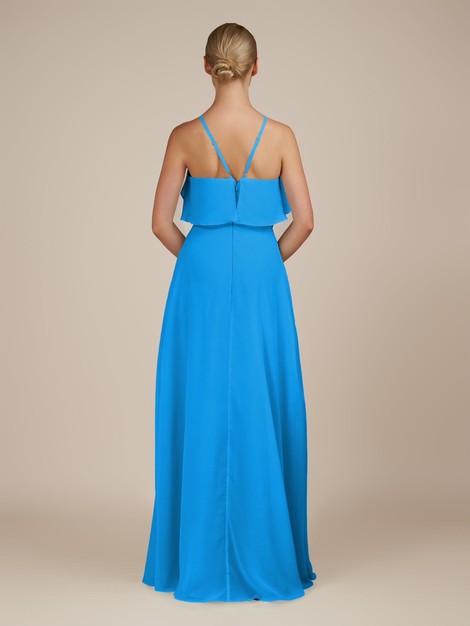 KissDress-Wynne Blue Jay A Line Chiffon Halter Neck Ruffled Overlay Long Bridesmaid Dress