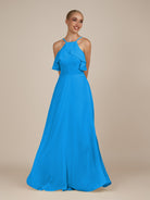KissDress-Wynne Blue Jay A Line Chiffon Halter Neck Ruffled Overlay Long Bridesmaid Dress