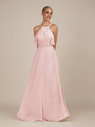 KissDress-Wynne Blush Pink A Line Chiffon Halter Neck Ruffled Overlay Long Bridesmaid Dress