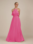 KissDress-Wynne BonBon Pink A Line Chiffon Halter Neck Ruffled Overlay Long Bridesmaid Dress