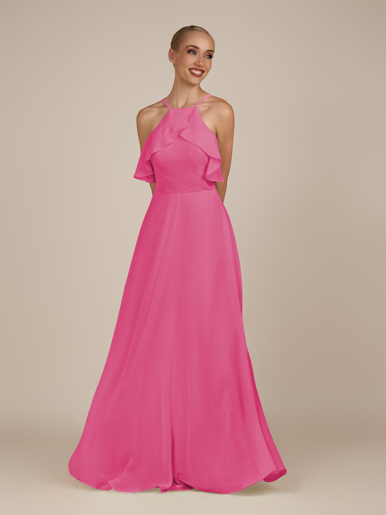 KissDress-Wynne BonBon Pink A Line Chiffon Halter Neck Ruffled Overlay Long Bridesmaid Dress