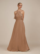 KissDress-Wynne Bronzer A Line Chiffon Halter Neck Ruffled Overlay Long Bridesmaid Dress