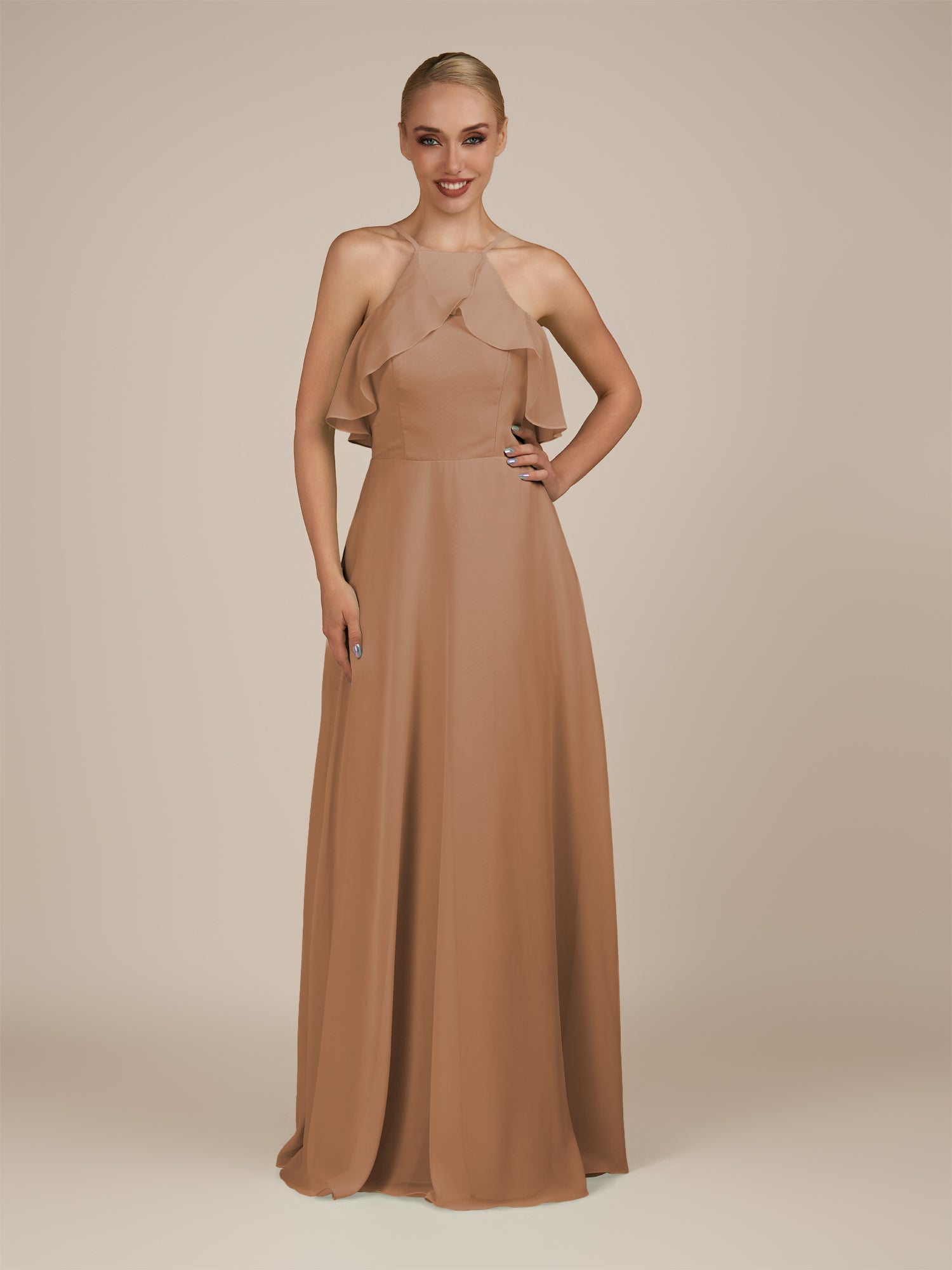 KissDress-Wynne Bronzer A Line Chiffon Halter Neck Ruffled Overlay Long Bridesmaid Dress