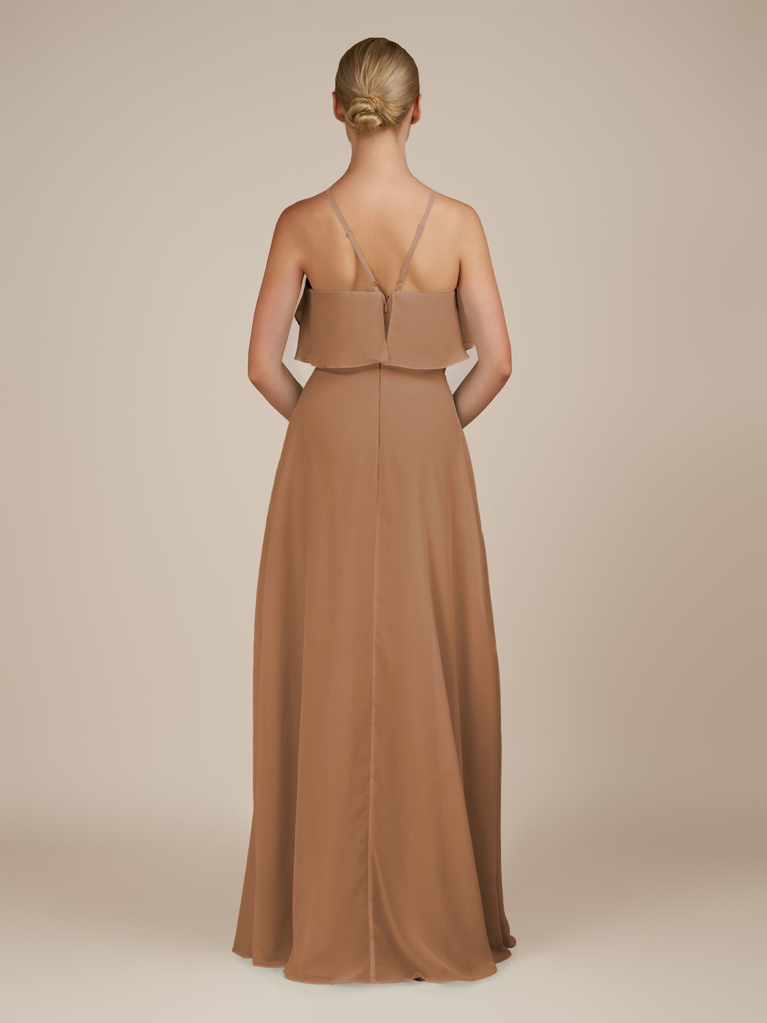 KissDress-Wynne Bronzer A Line Chiffon Halter Neck Ruffled Overlay Long Bridesmaid Dress