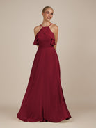 KissDress-Wynne Burgundy A Line Chiffon Halter Neck Ruffled Overlay Long Bridesmaid Dress
