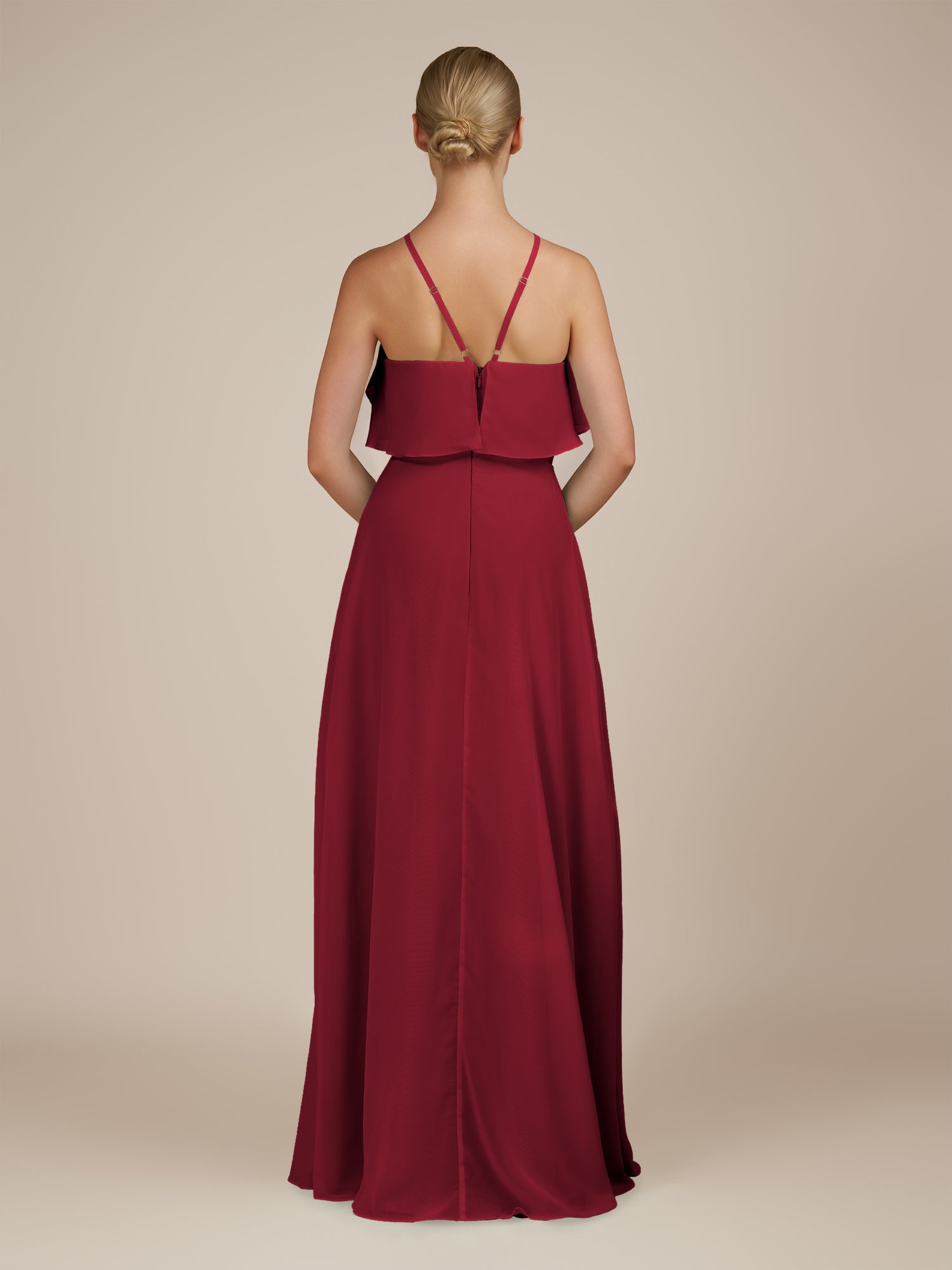 KissDress-Wynne Burgundy A Line Chiffon Halter Neck Ruffled Overlay Long Bridesmaid Dress