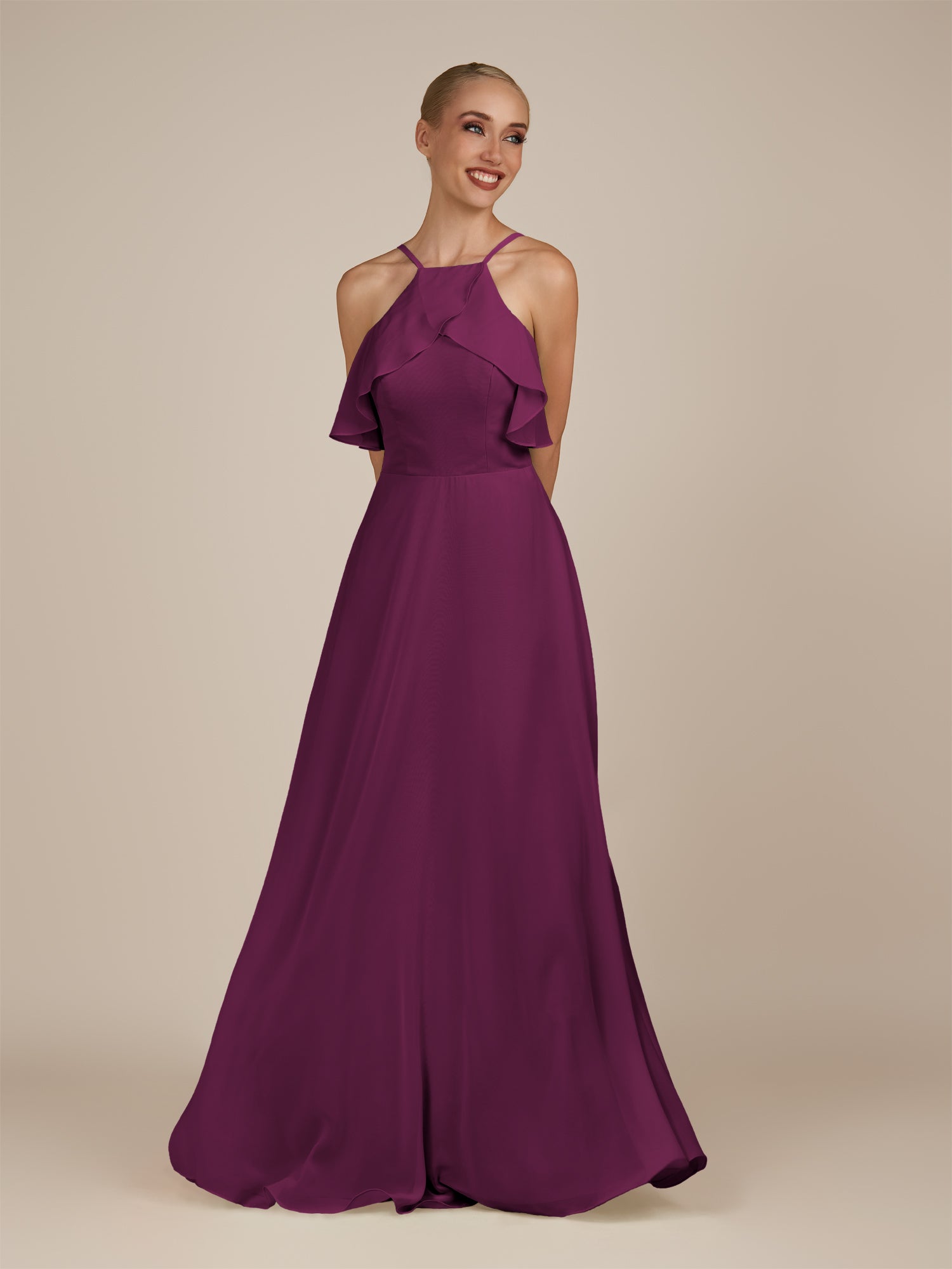 KissDress-Wynne Fig A Line Chiffon Halter Neck Ruffled Overlay Long Bridesmaid Dress