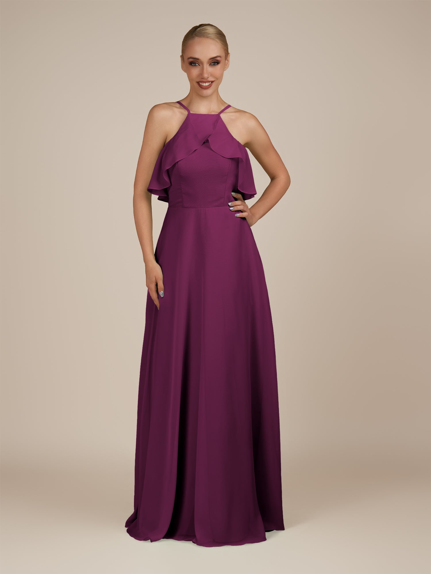 KissDress-Wynne Fig A Line Chiffon Halter Neck Ruffled Overlay Long Bridesmaid Dress