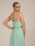 KissDress-Wynne Pale Pistachio A Line Chiffon Halter Neck Ruffled Overlay Long Bridesmaid Dress draft