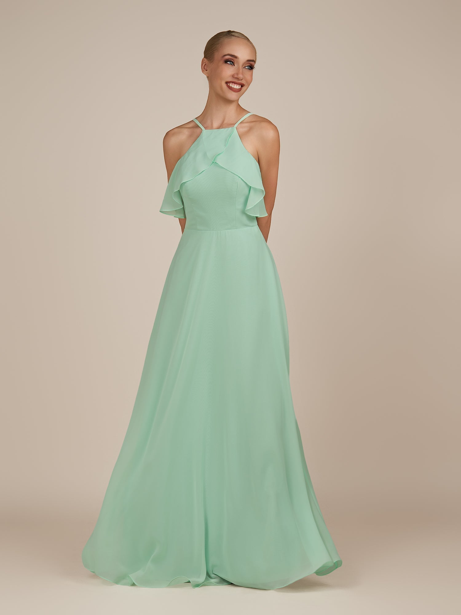 KissDress-Wynne Pale Pistachio A Line Chiffon Halter Neck Ruffled Overlay Long Bridesmaid Dress draft