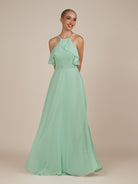 KissDress-Wynne Pale Pistachio A Line Chiffon Halter Neck Ruffled Overlay Long Bridesmaid Dress draft