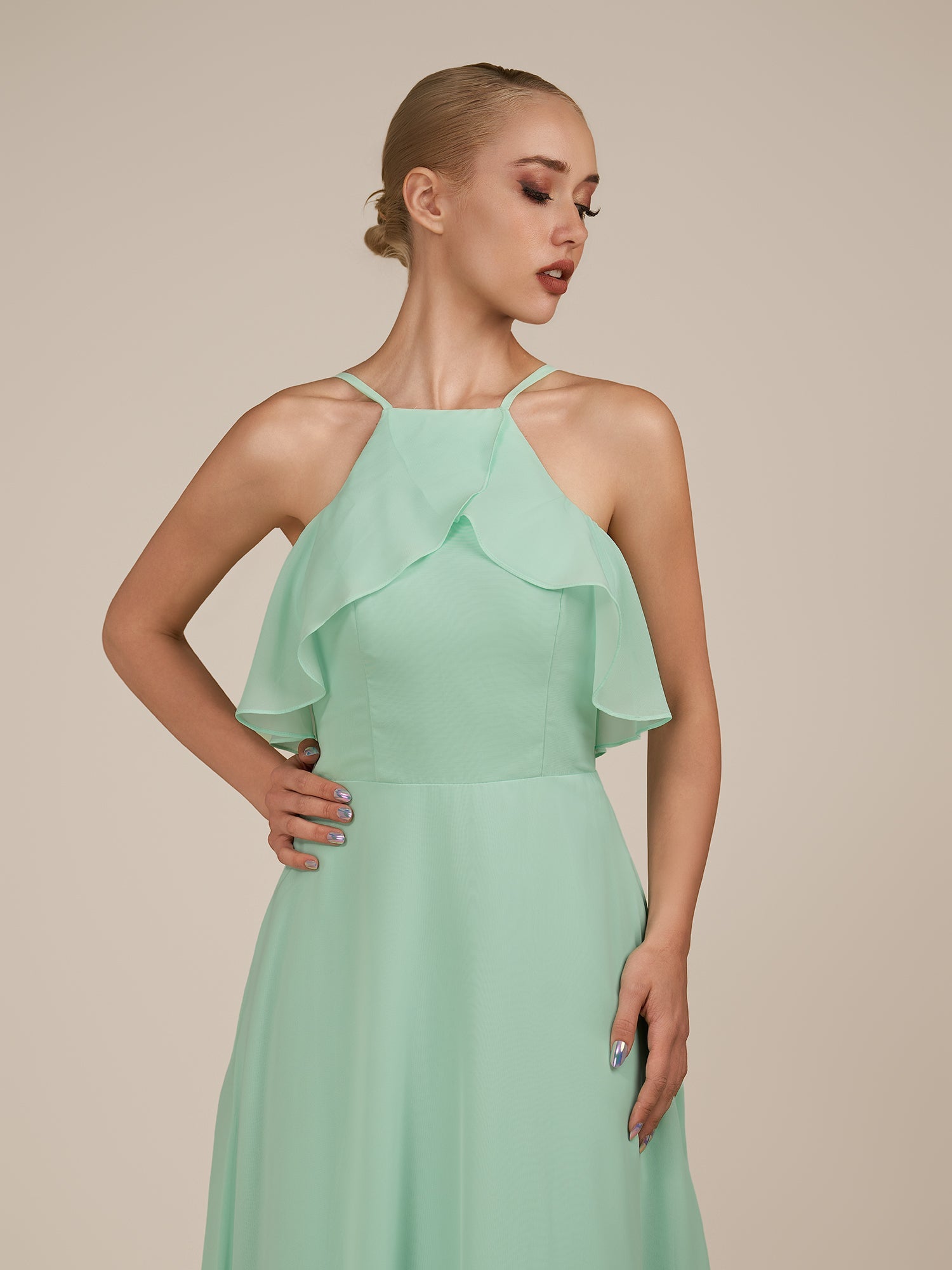 KissDress-Wynne Pale Pistachio A Line Chiffon Halter Neck Ruffled Overlay Long Bridesmaid Dress draft