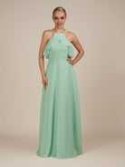 KissDress-Wynne Pale Pistachio A Line Chiffon Halter Neck Ruffled Overlay Long Bridesmaid Dress draft