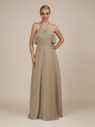 KissDress-Wynne Almond A Line Chiffon Halter Neck Ruffled Overlay Long Bridesmaid Dress