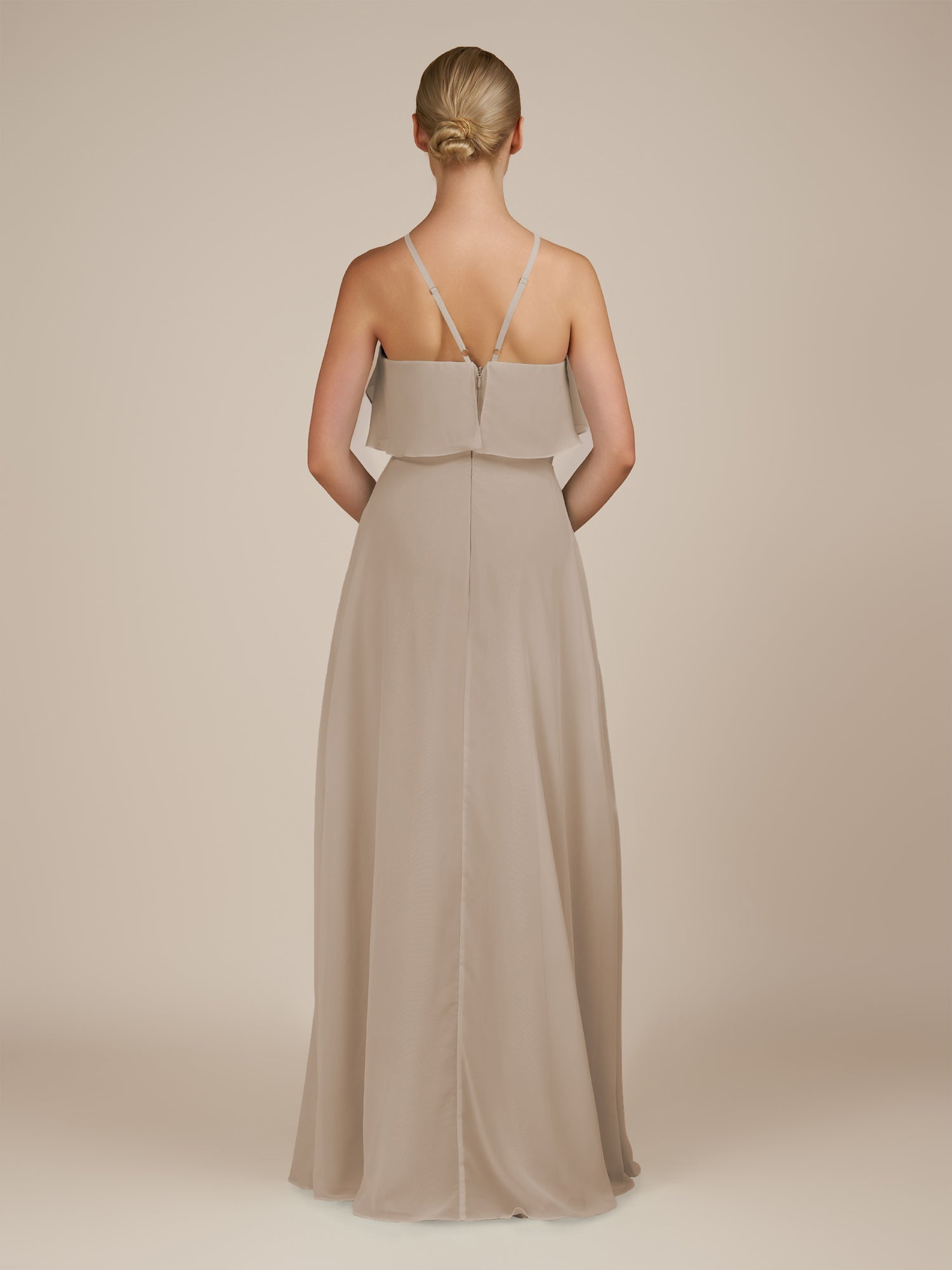 KissDress-Wynne Almond A Line Chiffon Halter Neck Ruffled Overlay Long Bridesmaid Dress