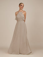 KissDress-Wynne Almond A Line Chiffon Halter Neck Ruffled Overlay Long Bridesmaid Dress