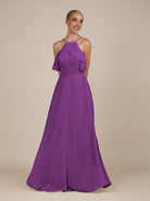 KissDress-Wynne Amethyst A Line Chiffon Halter Neck Ruffled Overlay Long Bridesmaid Dress
