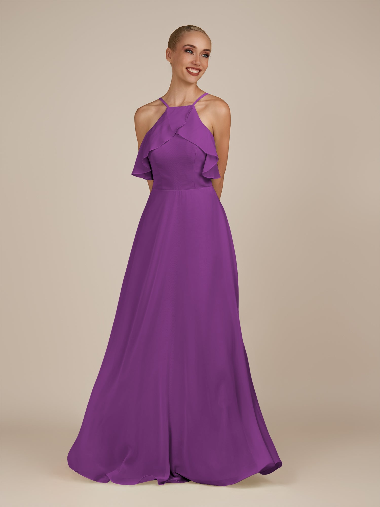 KissDress-Wynne Amethyst A Line Chiffon Halter Neck Ruffled Overlay Long Bridesmaid Dress