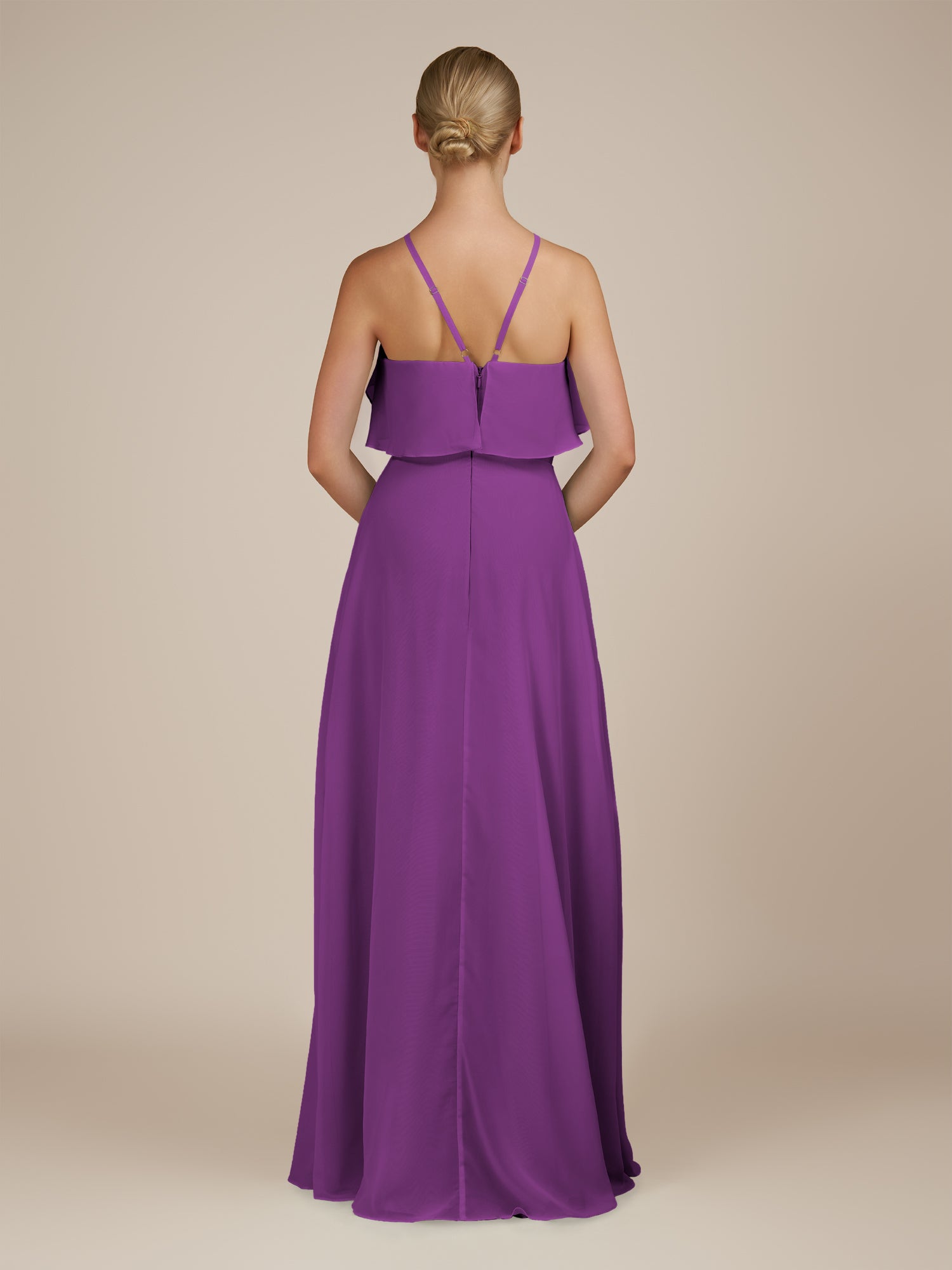 KissDress-Wynne Amethyst A Line Chiffon Halter Neck Ruffled Overlay Long Bridesmaid Dress