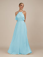 KissDress-Wynne Aqua A Line Chiffon Halter Neck Ruffled Overlay Long Bridesmaid Dress