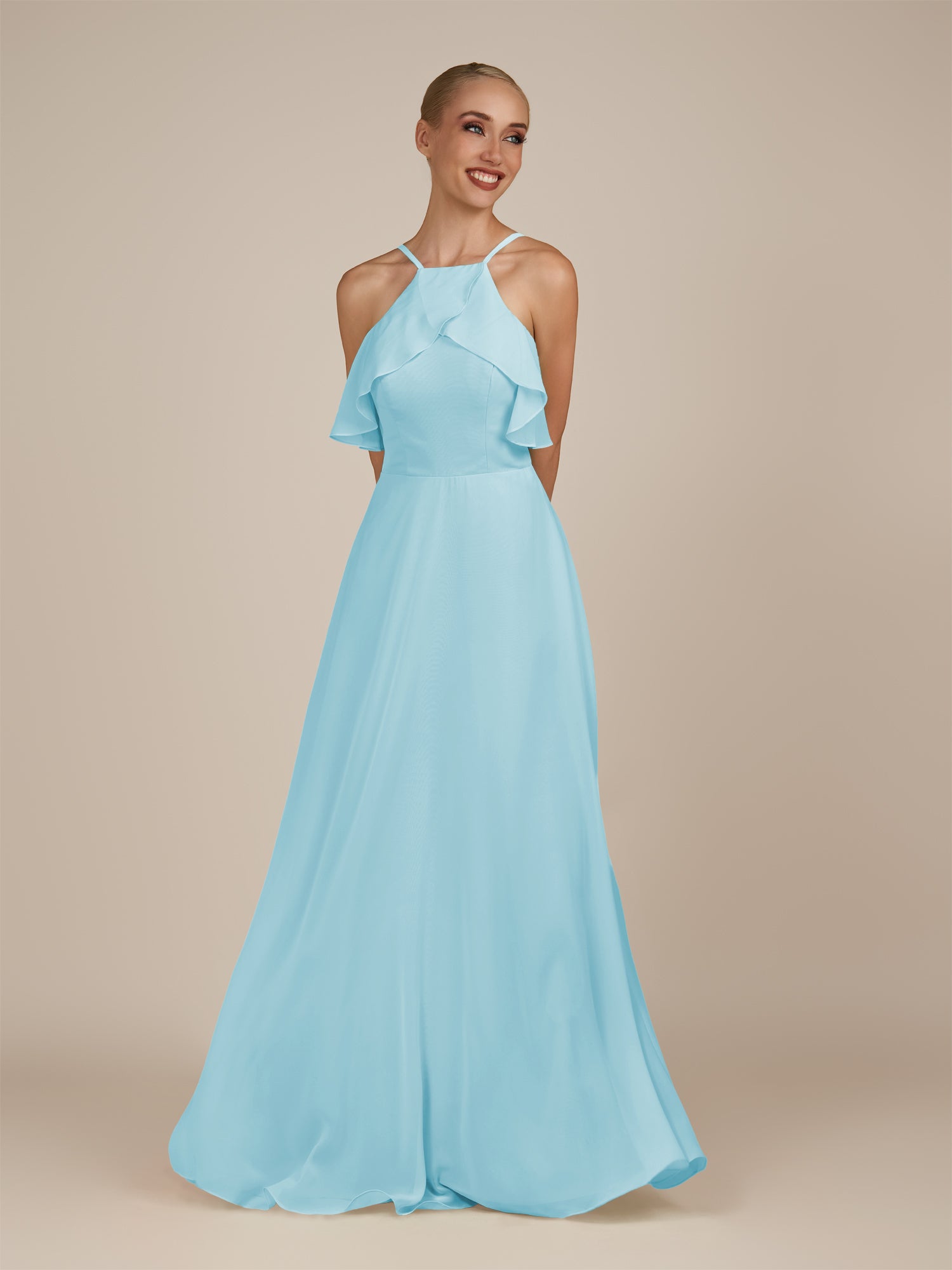 KissDress-Wynne Aqua A Line Chiffon Halter Neck Ruffled Overlay Long Bridesmaid Dress