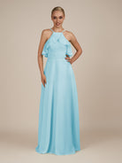 KissDress-Wynne Aqua A Line Chiffon Halter Neck Ruffled Overlay Long Bridesmaid Dress