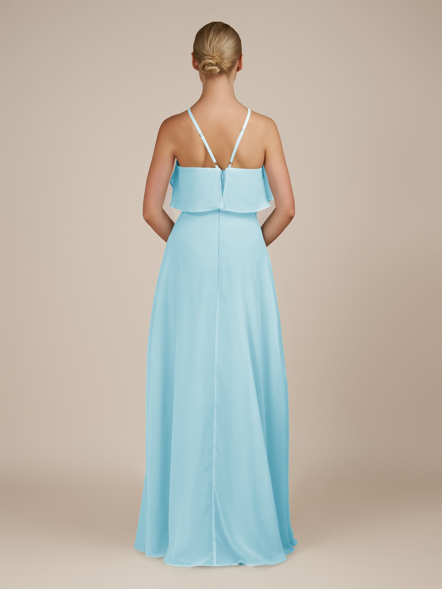 KissDress-Wynne Aqua A Line Chiffon Halter Neck Ruffled Overlay Long Bridesmaid Dress