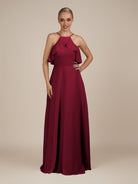 KissDress-Wynne Berry A Line Chiffon Halter Neck Ruffled Overlay Long Bridesmaid Dress