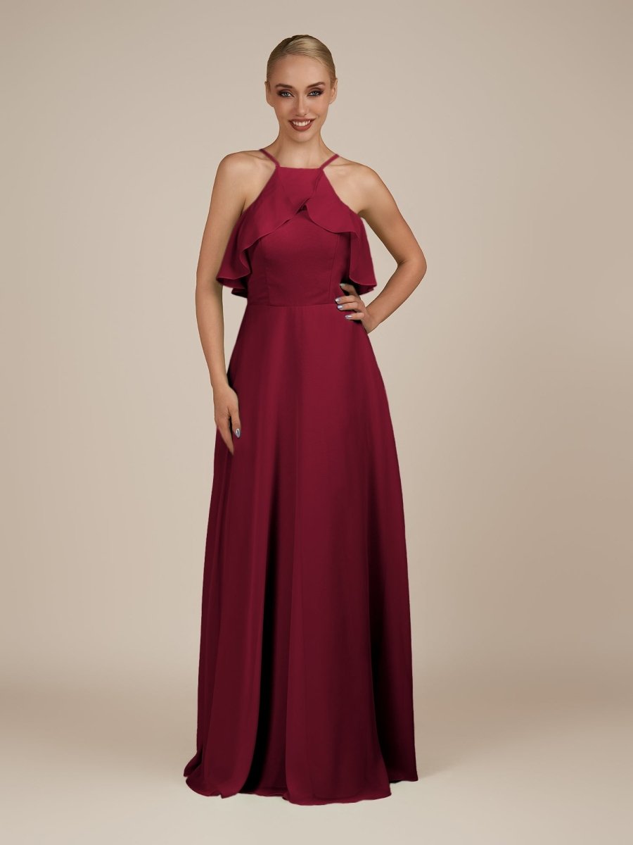 KissDress-Wynne Berry A Line Chiffon Halter Neck Ruffled Overlay Long Bridesmaid Dress