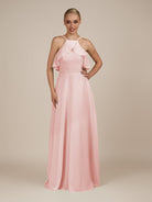 KissDress-Wynne Blush Pink A Line Chiffon Halter Neck Ruffled Overlay Long Bridesmaid Dress