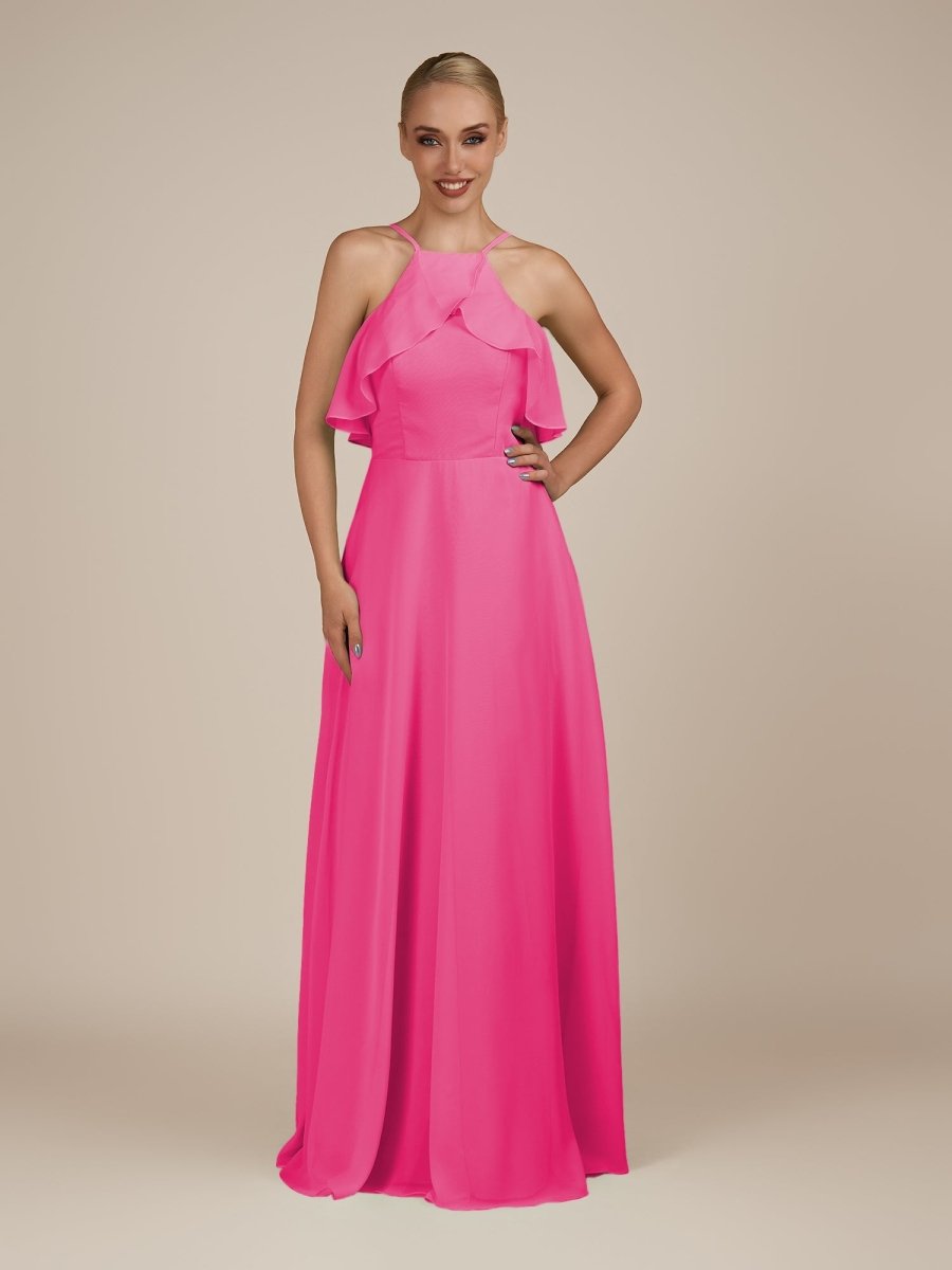 KissDress-Wynne BonBon Pink A Line Chiffon Halter Neck Ruffled Overlay Long Bridesmaid Dress