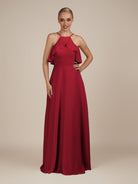 KissDress-Wynne Burgundy A Line Chiffon Halter Neck Ruffled Overlay Long Bridesmaid Dress