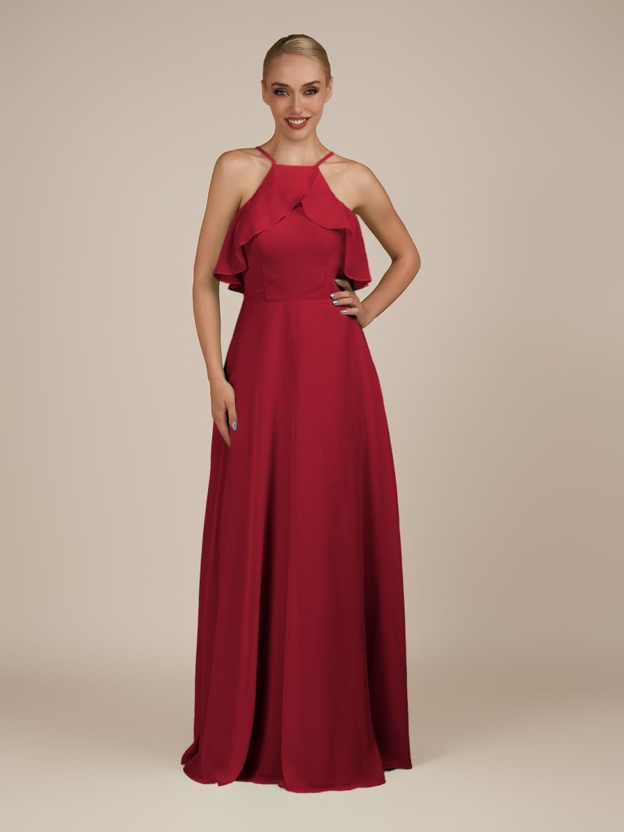 KissDress-Wynne Burgundy A Line Chiffon Halter Neck Ruffled Overlay Long Bridesmaid Dress