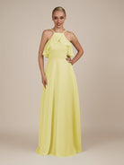 KissDress-Wynne Buttercup A Line Chiffon Halter Neck Ruffled Overlay Long Bridesmaid Dress