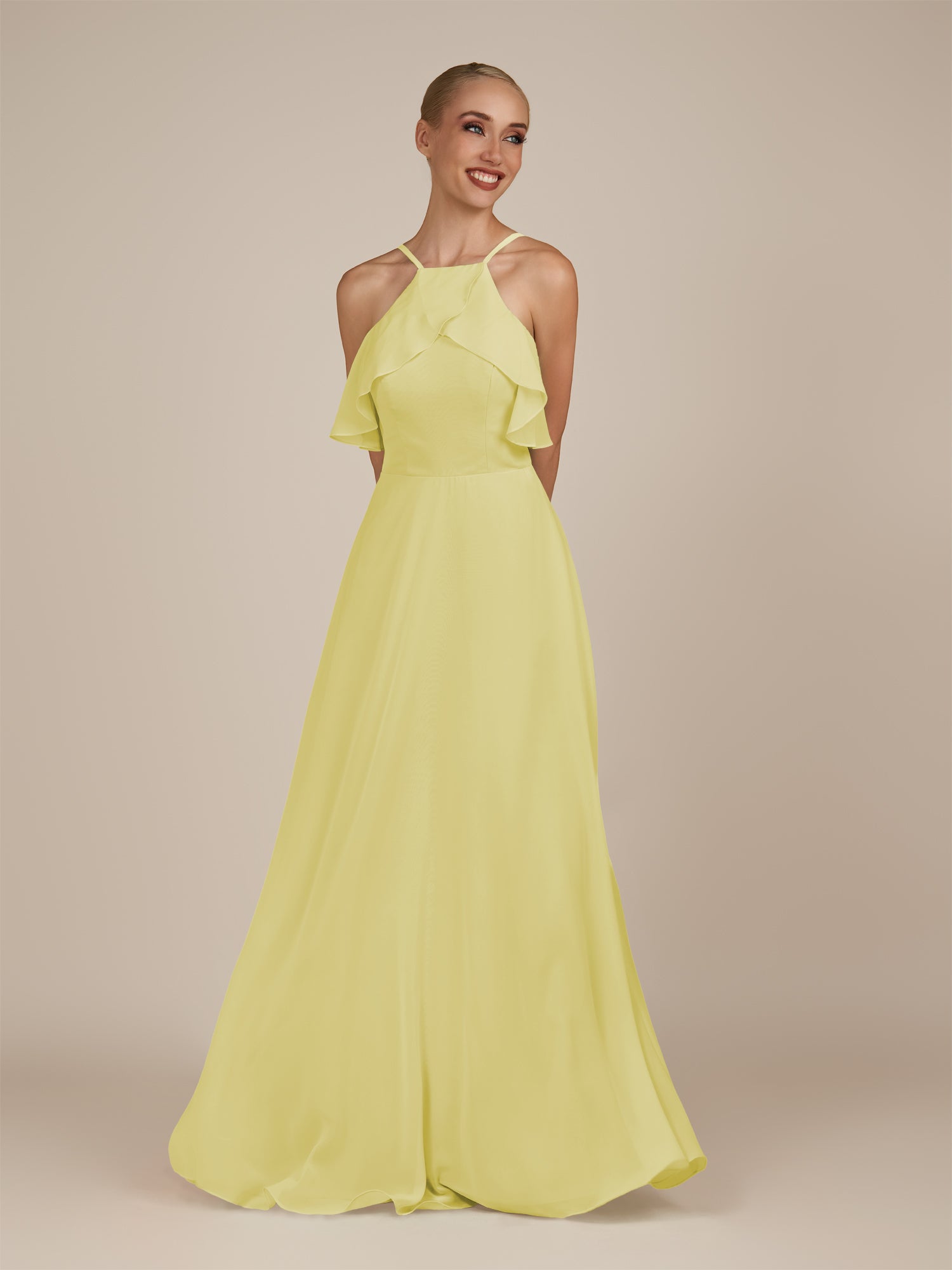 KissDress-Wynne Buttercup A Line Chiffon Halter Neck Ruffled Overlay Long Bridesmaid Dress