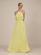 KissDress-Wynne Buttercup A Line Chiffon Halter Neck Ruffled Overlay Long Bridesmaid Dress
